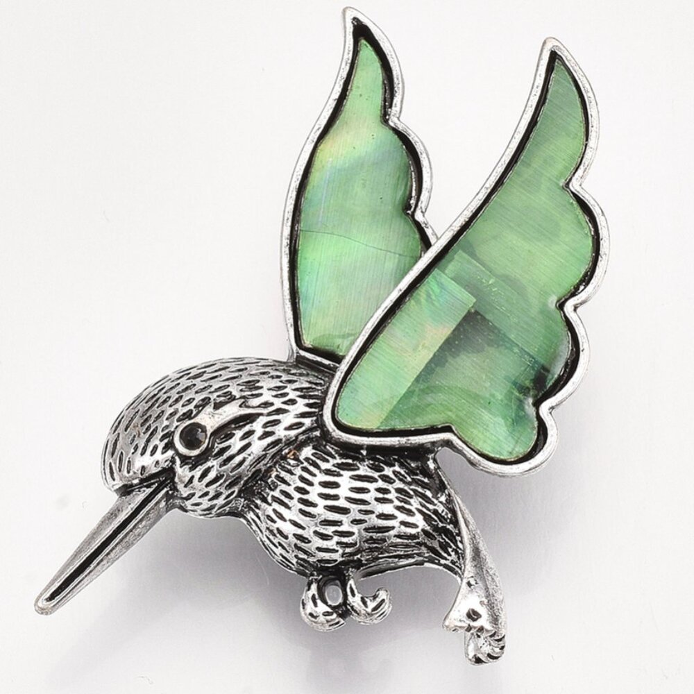 Natural Shell MOP Humming Bird Convertible Brooch pendant Chain Necklace